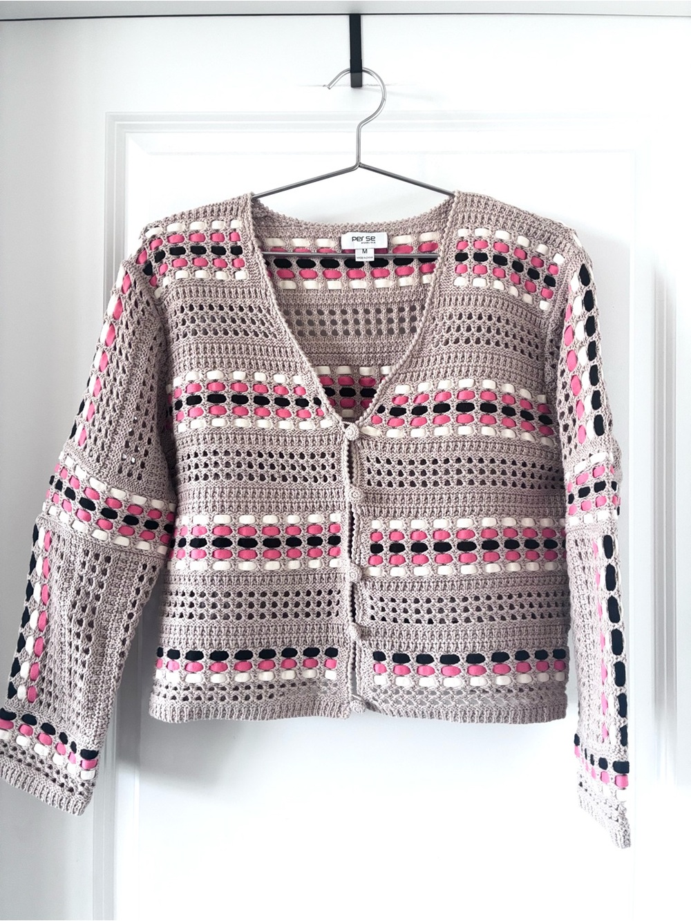 Per Se by Carlisle Crochet Cardigan Sweater Pink Ribbon Knit Boho Resort Medium